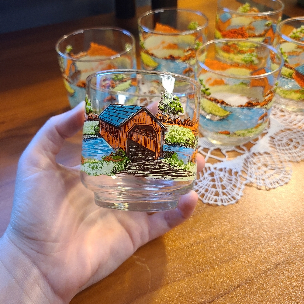 Libbey vintage 9.5 oz glasses, set of 6, Covered bridge
